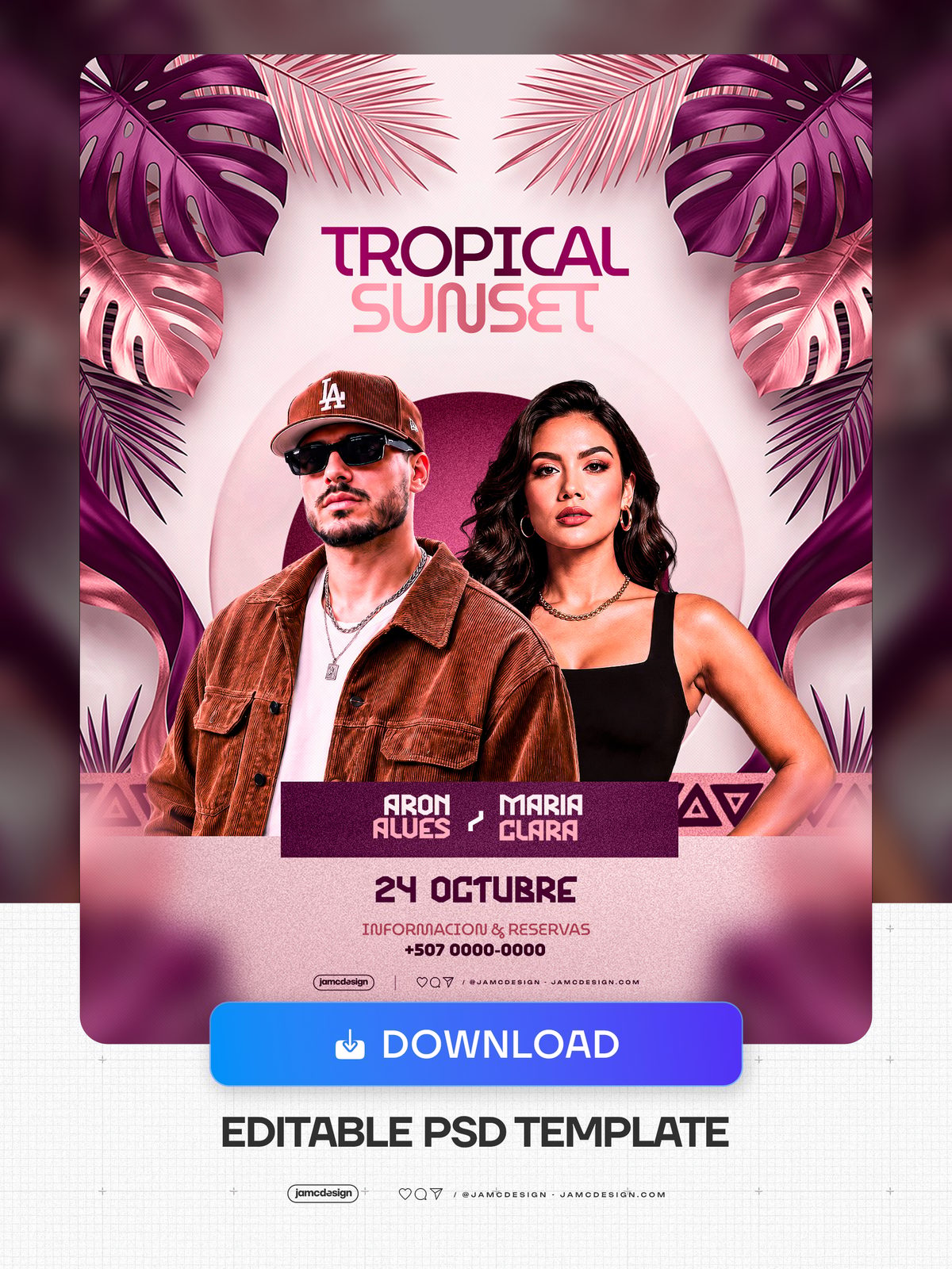 Tropical Leaves Sunset Party Flyer Template PSD. This PSD event flyer template features two fashion models framed by tropical leaves against a pale pink — Additional preview