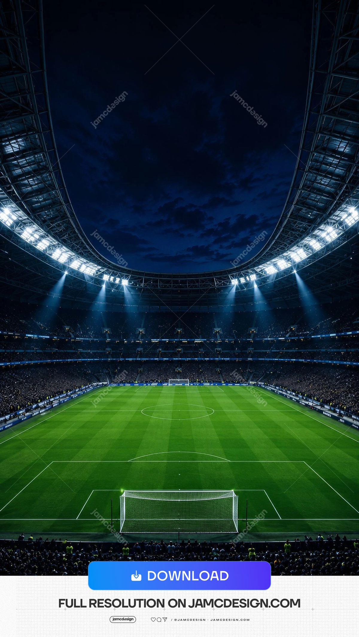 Modern Soccer Stadium Night Match Background. Modern soccer stadium at night supplied as a JPG background, showing a green pitch with white markings — Additional preview