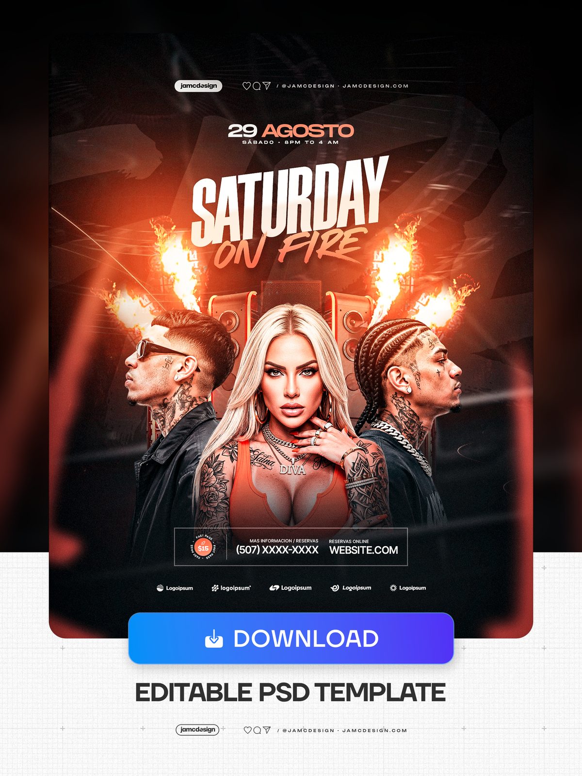 Flyer PSD De Festa De Sábado À Noite Com Efeitos De Fogo. Modelo de PSD editável para um flyer de mídia social de sábado à noite — Prévia adicional