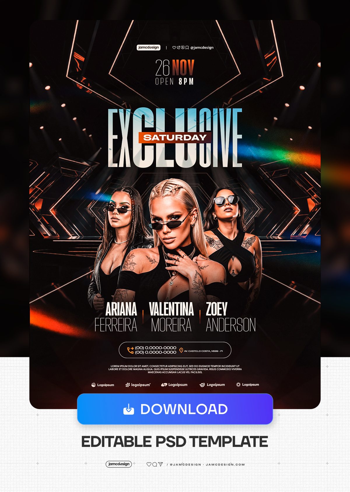 Dark Geometric Saturday Event Flyer Template PSD. Download this editable PSD event flyer featuring three women in sunglasses against a dark geometric backdrop — Additional preview