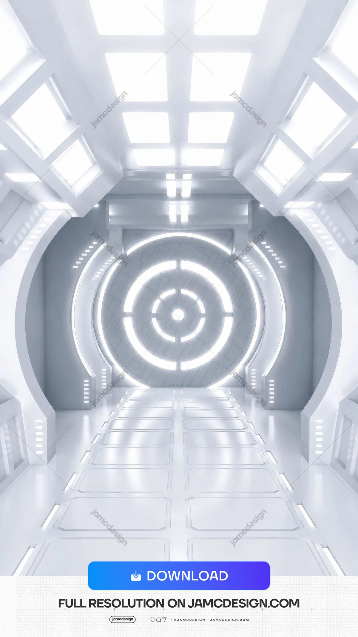 White Sci-Fi Spaceship Interior Background. Editable PSD background showing a bright white sci-fi spaceship corridor with symmetrical perspective — Additional preview