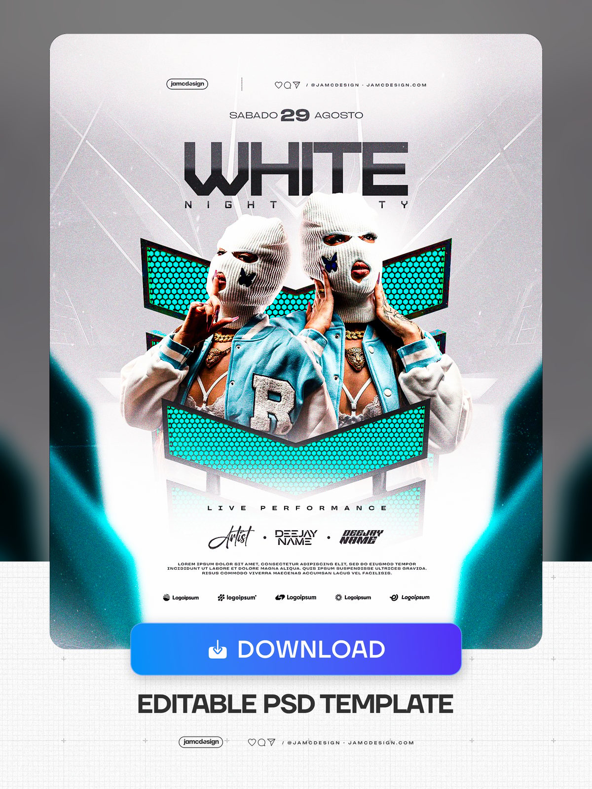 White Night Party Design Flyer Template PSD Editable. Editable PSD template for a night event flyer with two women wearing mesh face covers and teal bomber — Additional preview