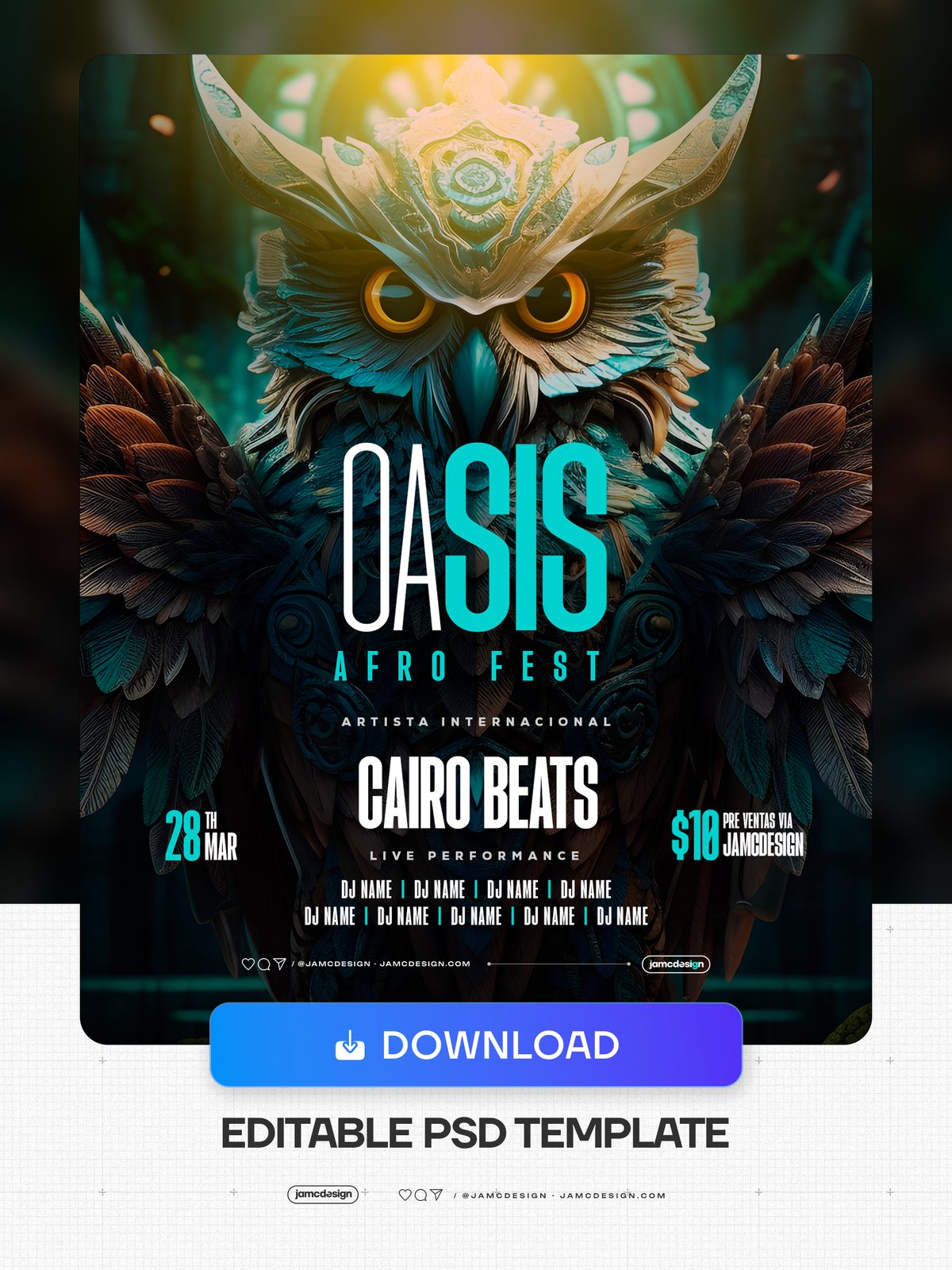 Oasis Fest Flyer Template PSD Editable. Editable PSD flyer template for an Afro music festival, featuring a detailed owl wearing a golden ornamental crown — Additional preview