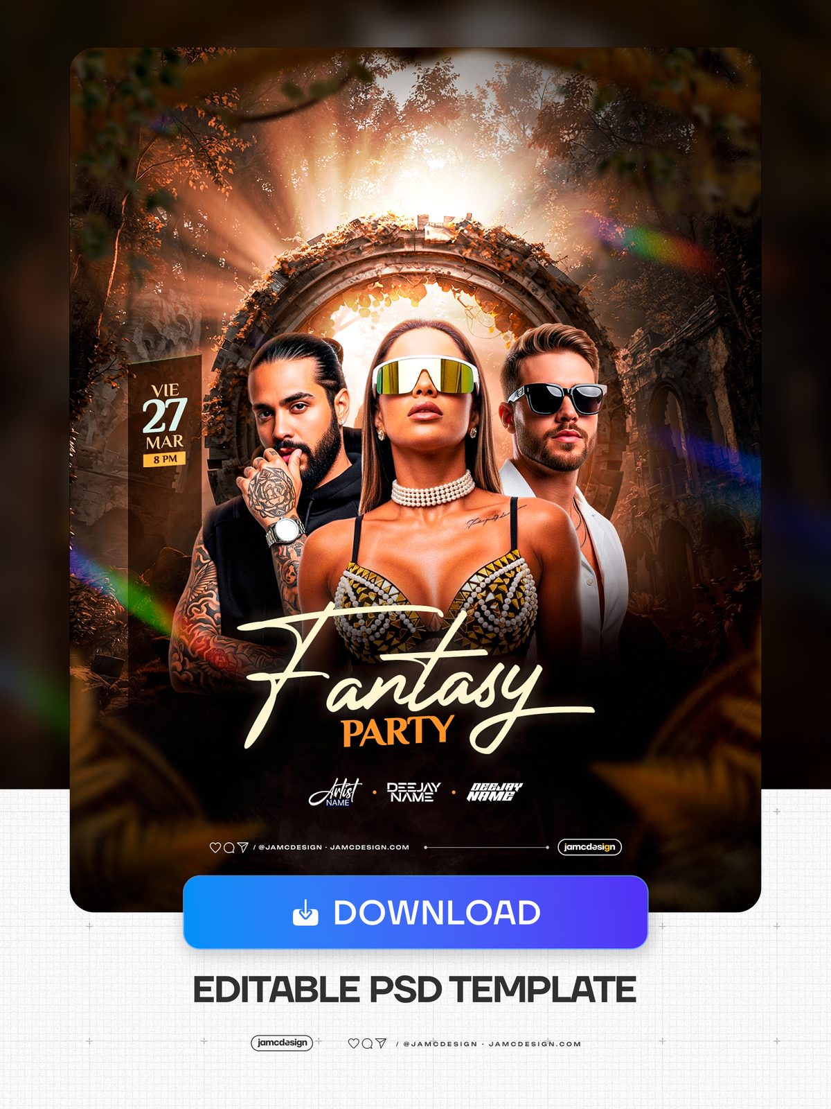 Fantasy Flyer Template PSD Editable. Editable PSD template for a fantasy party event flyer, with a woman in an ornate outfit and reflective sunglasses flanked — Additional preview