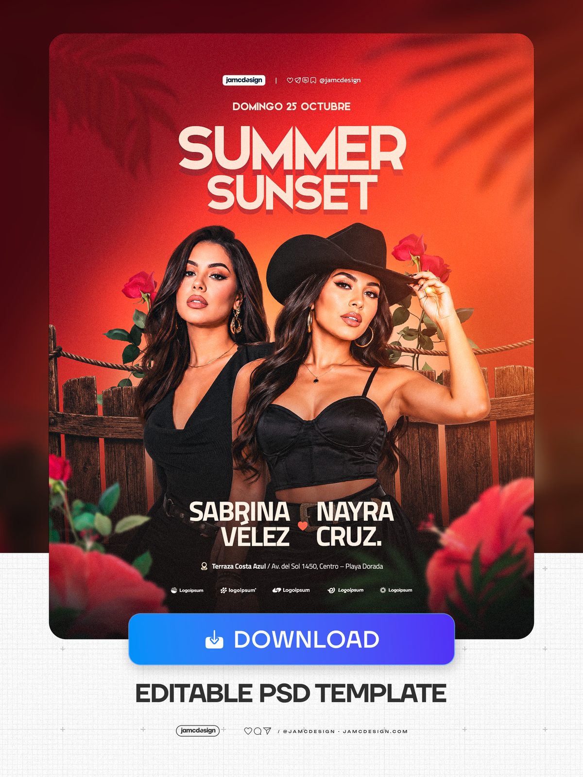 Plantilla De Flyer De Verano Al Atardecer PSD. Plantilla editable de flyer de evento en PSD con dos mujeres, una con sombrero vaquero — Vista previa adicional