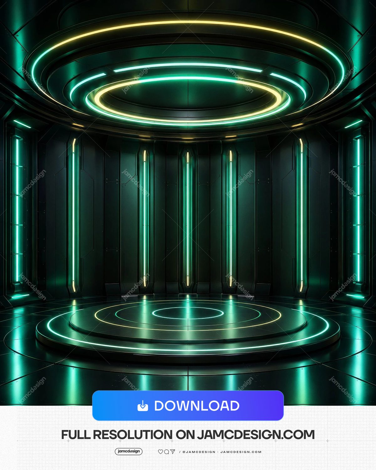 Emerald Green Teal Sci Fi Circular Stage Background. JPG background of a sci-fi circular stage inside a dark futuristic chamber — Additional preview