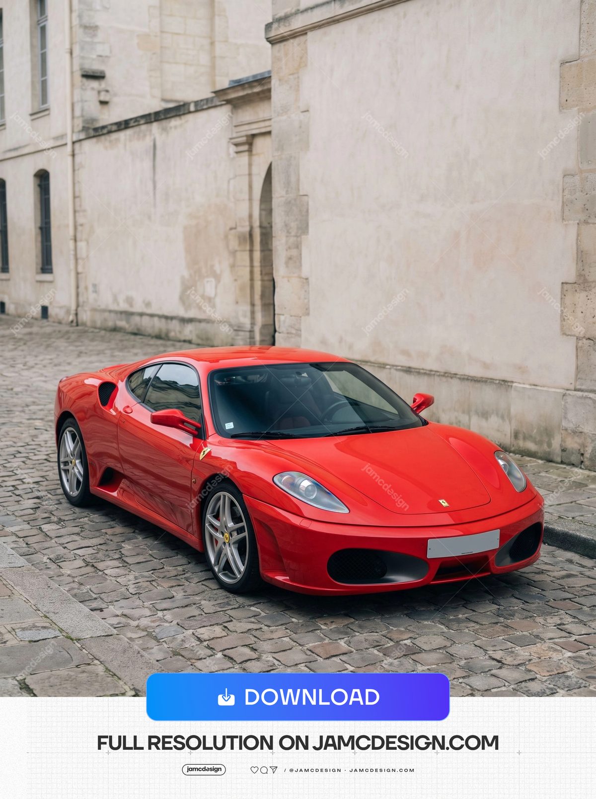 Red Ferrari F430 In A Cobblestone Courtyard. This JPG photo features a red sports car on a cobbled courtyard lane beside pale stone buildings — Additional preview