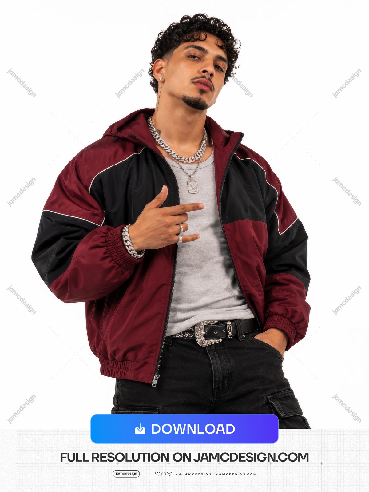 Young Man In Burgundy And Black Track Jacket PNG. Download this PNG photo of a young man in a burgundy and black track jacket — Additional preview