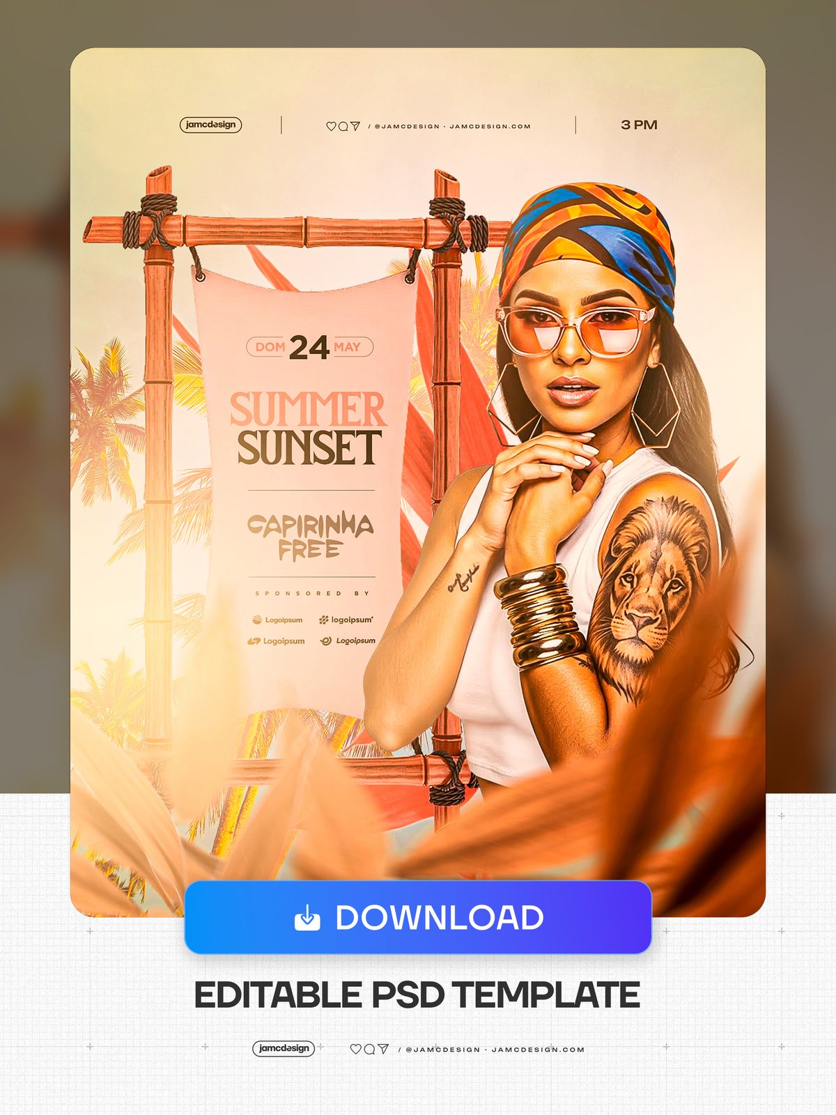 Flyer D'Été Au Coucher Du Soleil Avec Cadre En Bambou PSD. Modèle PSD modifiable pour un flyer d'événement d'été au coucher du soleil — Aperçu supplémentaire