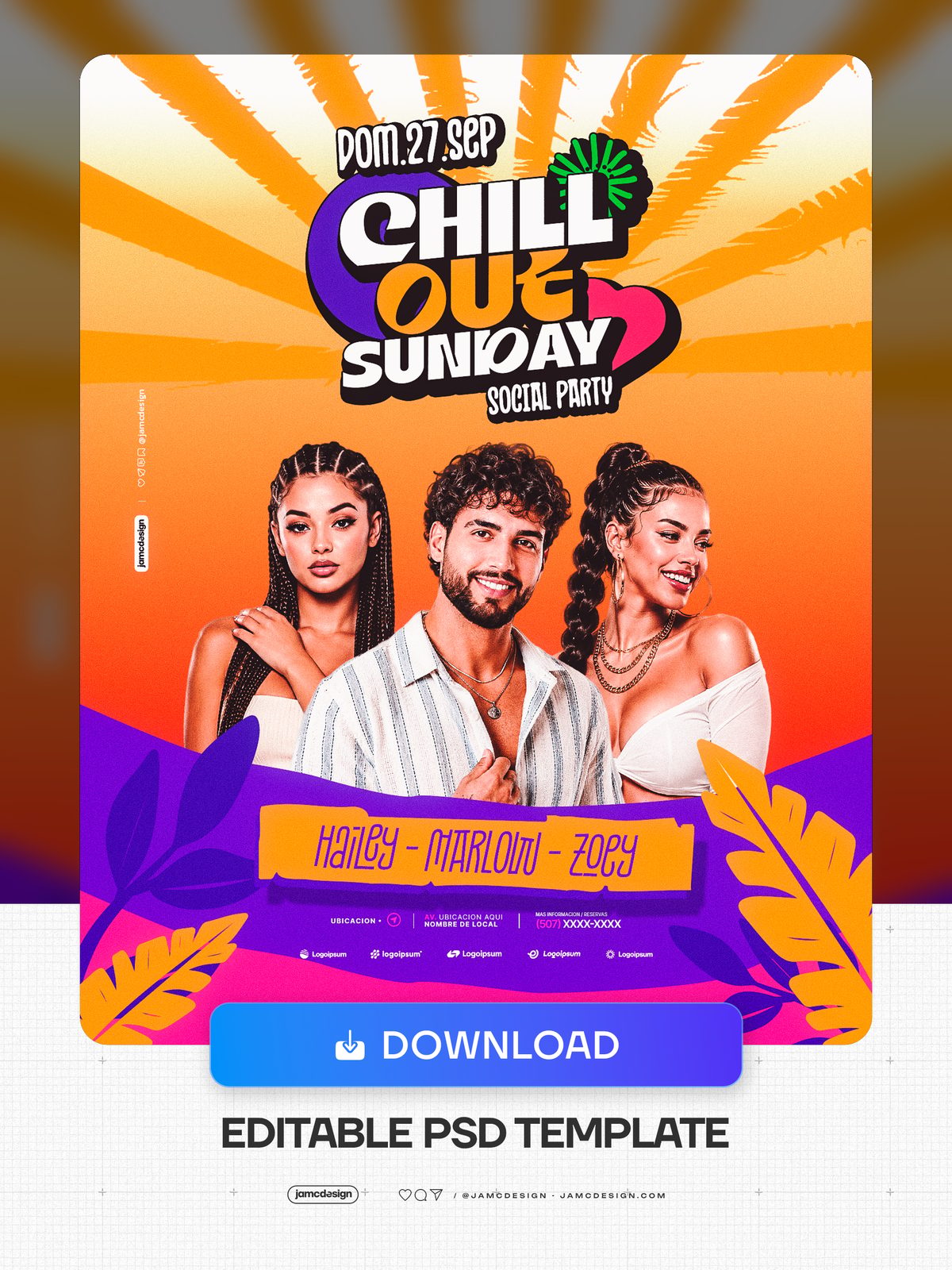Chill Out Sunday Social Party Flyer Template PSD. Download this editable PSD event flyer template for a Sunday social party, featuring three fashion models — Additional preview