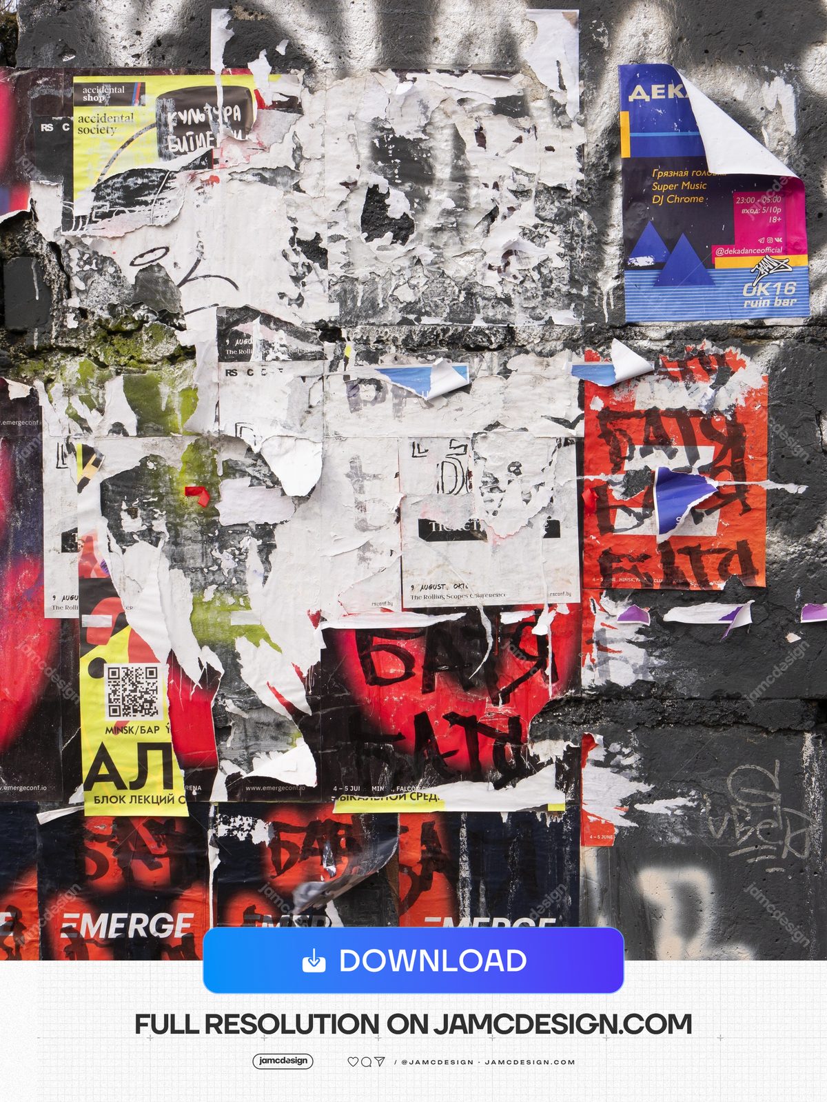 Urban Wall Texture With Overlapping Posters PNG. Download this PNG texture of torn, overlapping paper posters on a rough concrete wall, with weathered paper — Additional preview