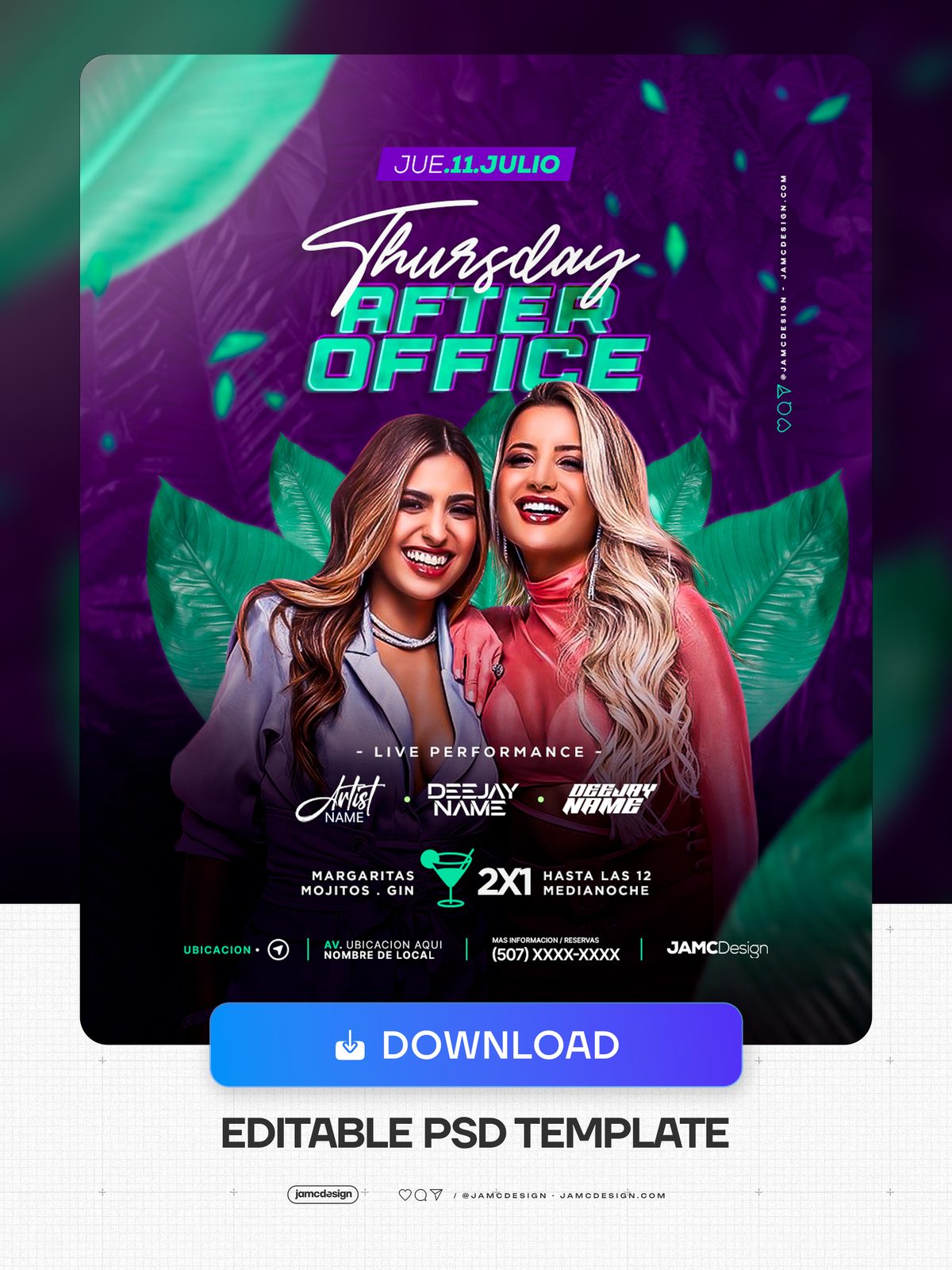 After Office Event Flyer Template PSD. Editable PSD template for a Thursday After Office event flyer with two smiling women, a dark purple background — Additional preview