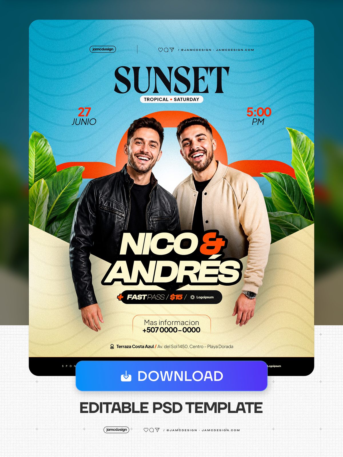 Sunset Tropical Flyer Template PSD Editable. Editable PSD template for a tropical event flyer featuring bold condensed lettering, two smiling men — Additional preview