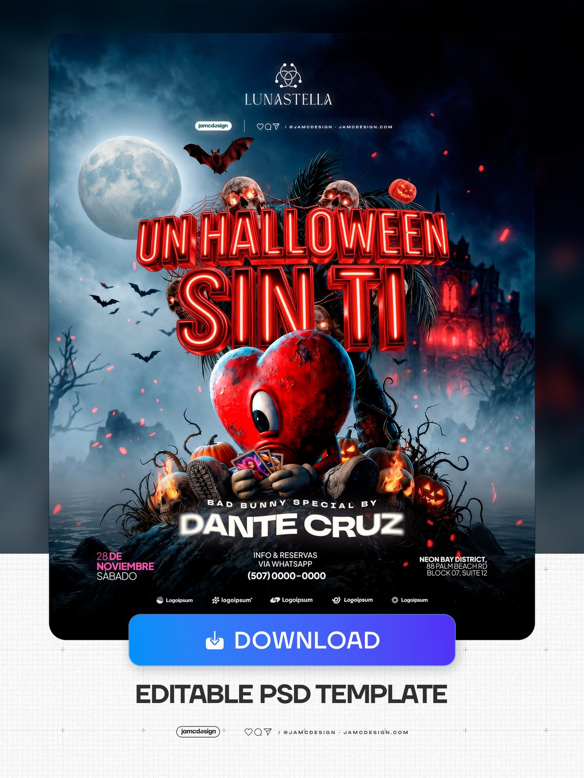 Modelo De Flyer De Halloween Sem Você PSD. Este flyer de evento de Halloween em PSD editável apresenta uma criatura em forma de coração vermelho, morcegos — Prévia adicional