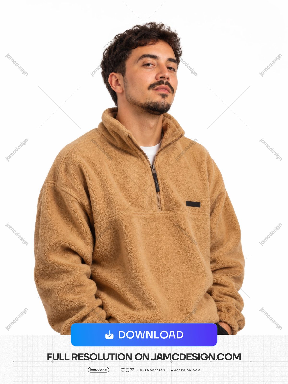 Young Man In Tan Fleece Pullover PNG. Download this PNG photo of a young man posing in a tan fleece pullover and dark trousers against a clean white studio — Additional preview