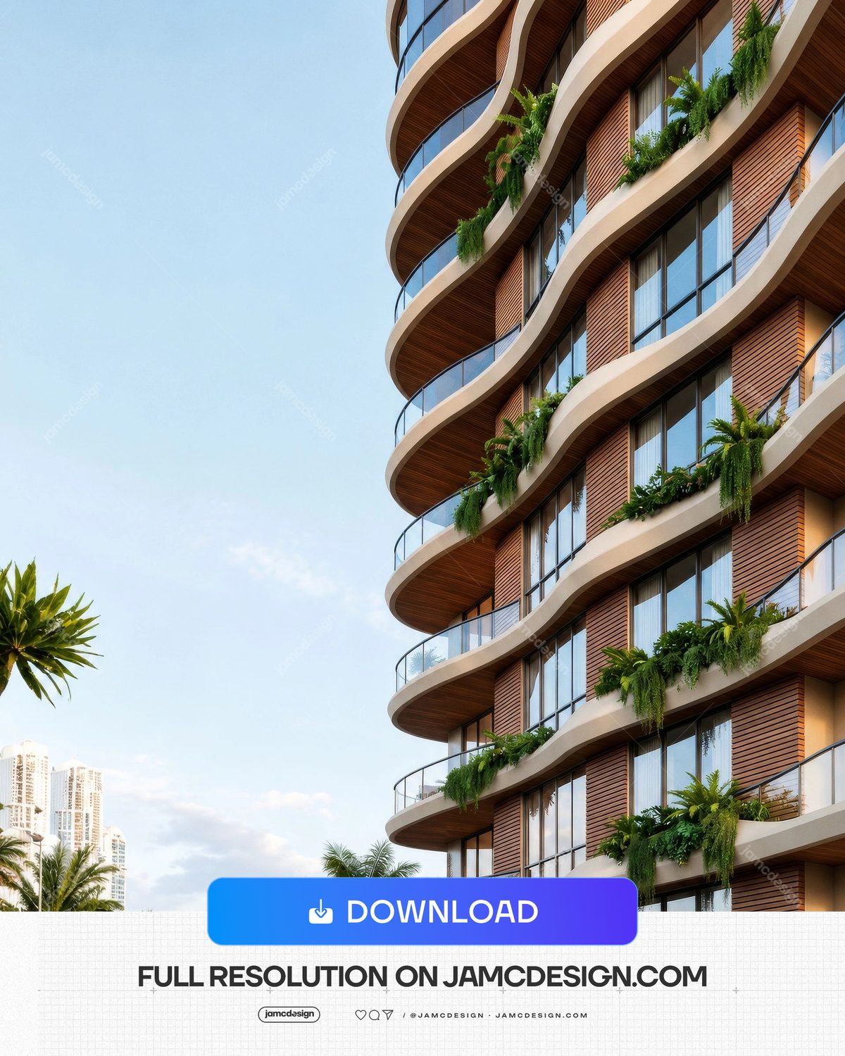 Luxury Apartment Building Curved Balconies Tropical Plants. Architectural JPG render of a modern apartment tower with undulating curved balconies — Additional preview