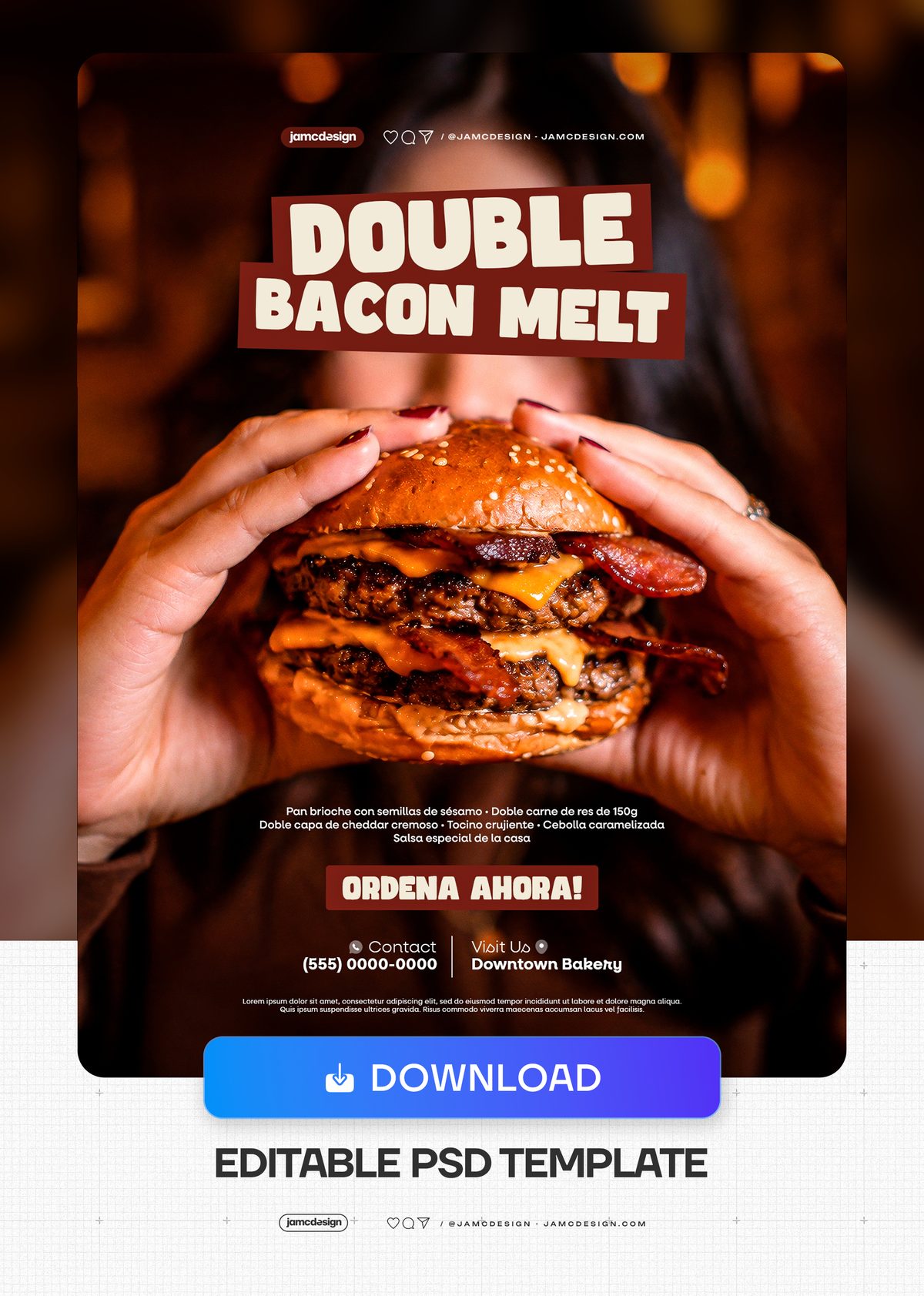 Plantilla De Flyer Hamburguesa Doble Bacon Fundido Con Pan Sésamo Dorado PSD. Plantilla PSD editable para redes sociales de una promoción de hamburguesa doble — Vista previa adicional