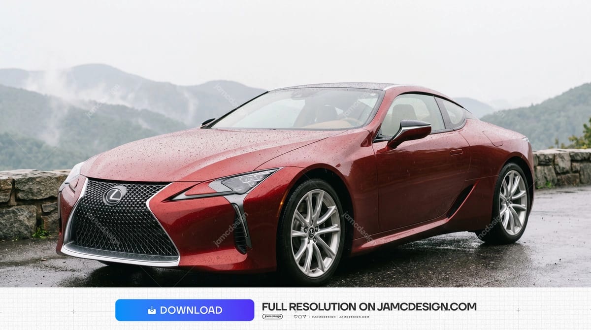 Red Lexus LC 500 Coupe With Misty Mountain Views. Download this JPG photo of a red Lexus LC 500 coupe at a mountain overlook, with rain beading on the body — Additional preview