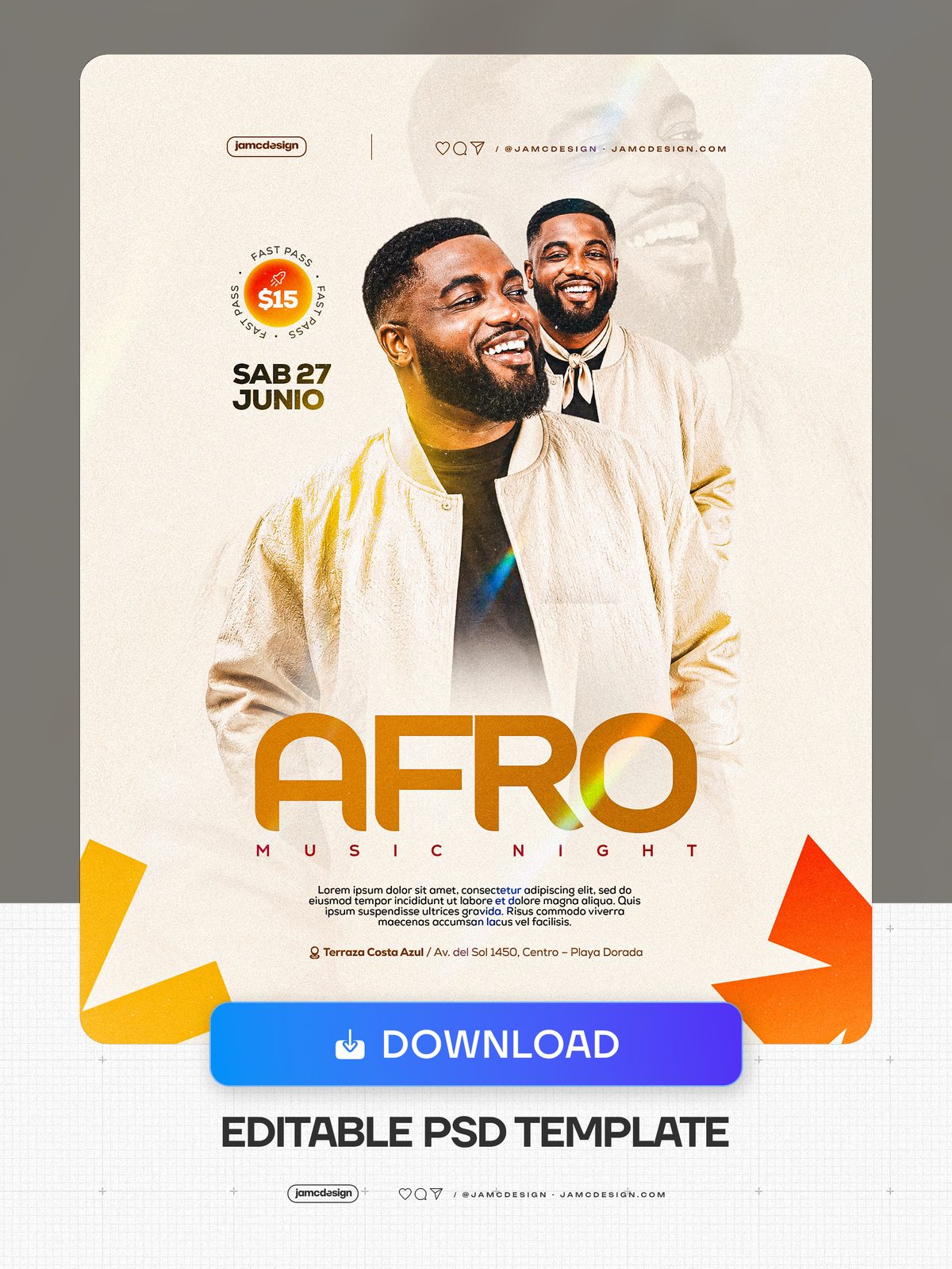 Afro Music Night Flyer Template PSD Editable. Editable PSD template for a music night event flyer featuring two smiling men in cream jackets — Additional preview