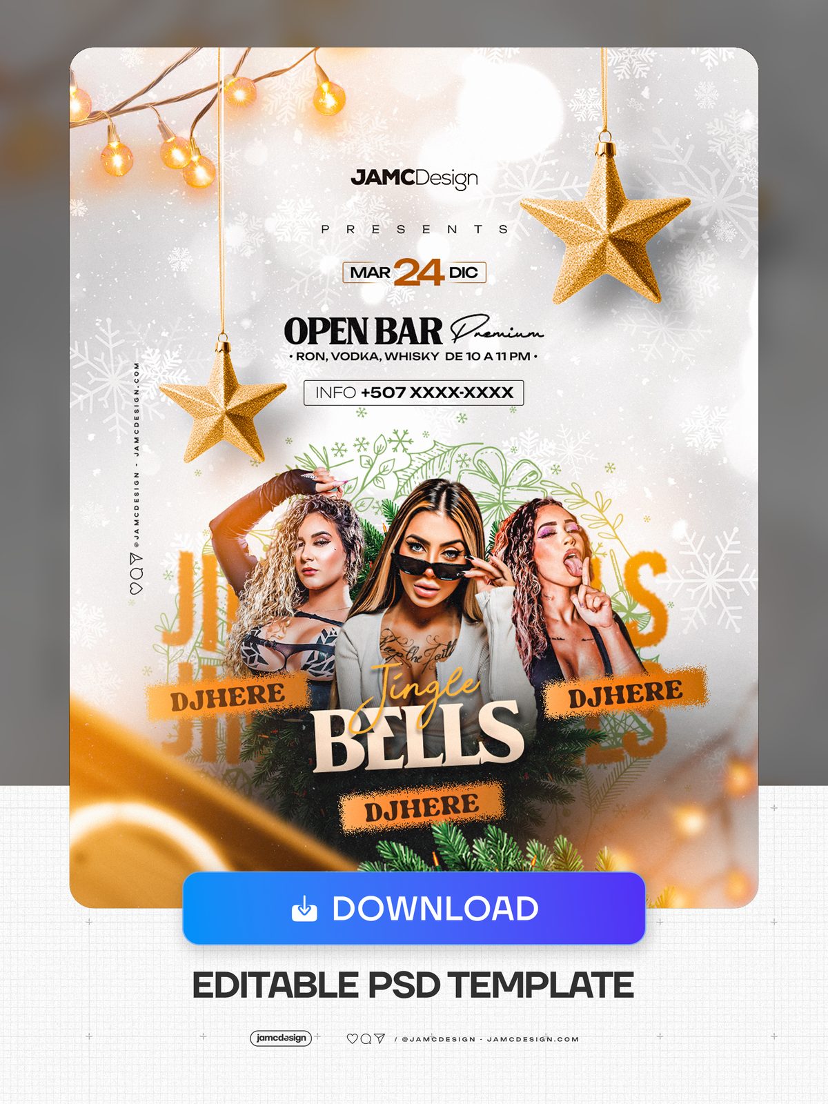 Jingle Bells Flyer Template PSD. Editable PSD template for a Christmas party flyer with a golden aesthetic, featuring three women, hanging star ornaments — Additional preview