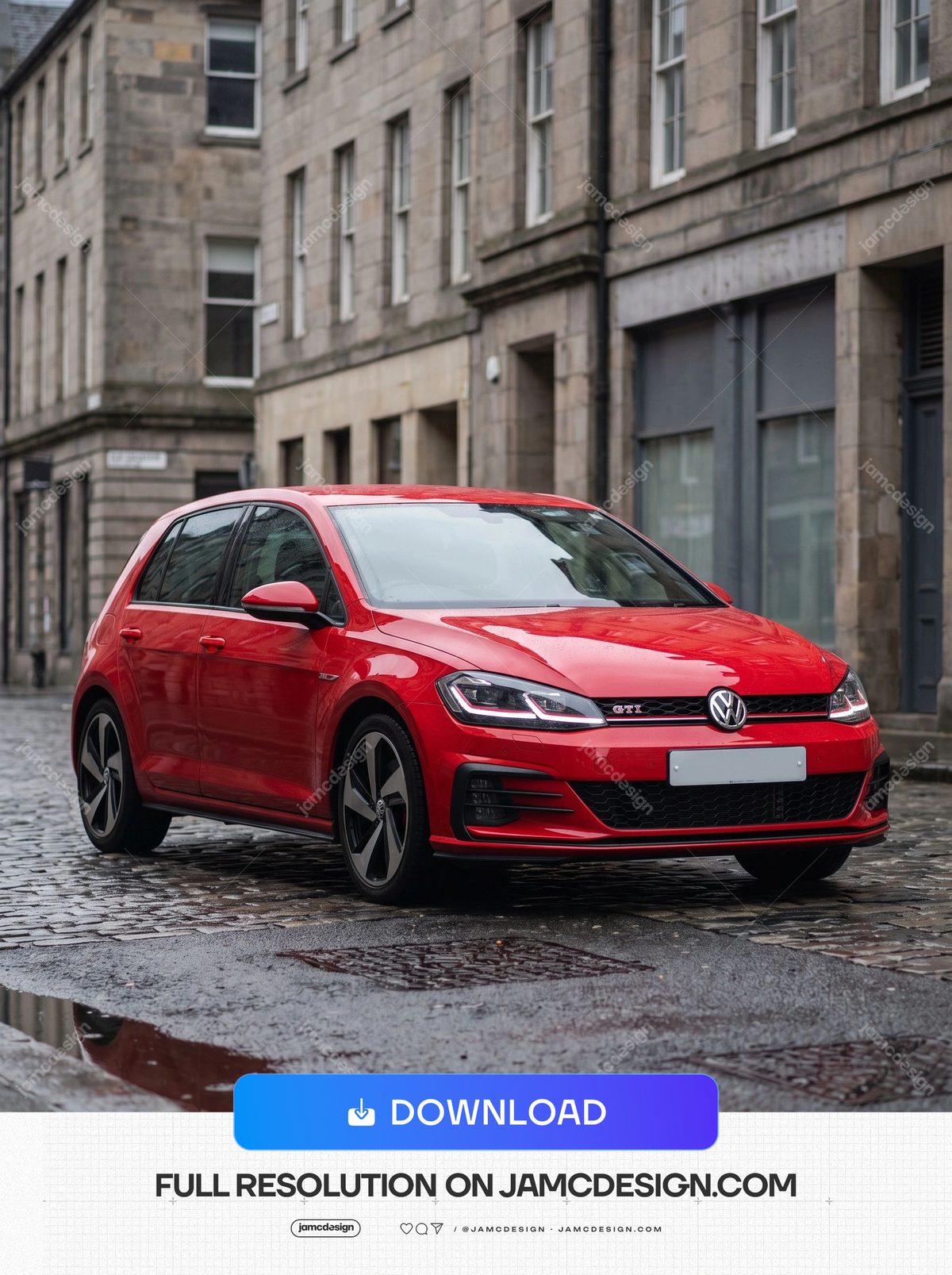 Red Volkswagen Golf GTI On Rainy City Street. This realistic JPG photo shows a red hatchback on a rain wet cobbled city street — Additional preview