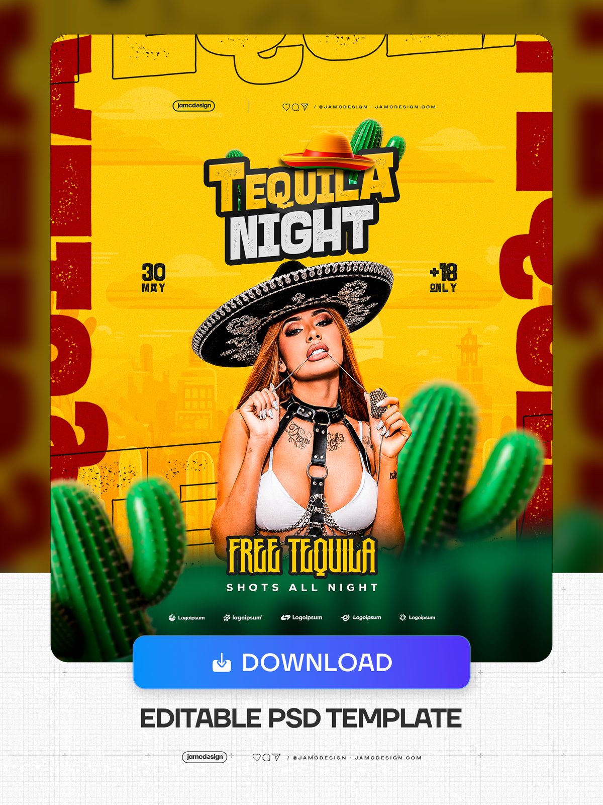 Tequila Night Flyer Template PSD Editable. Editable PSD template for a tequila-themed event flyer, featuring a yellow background — Additional preview