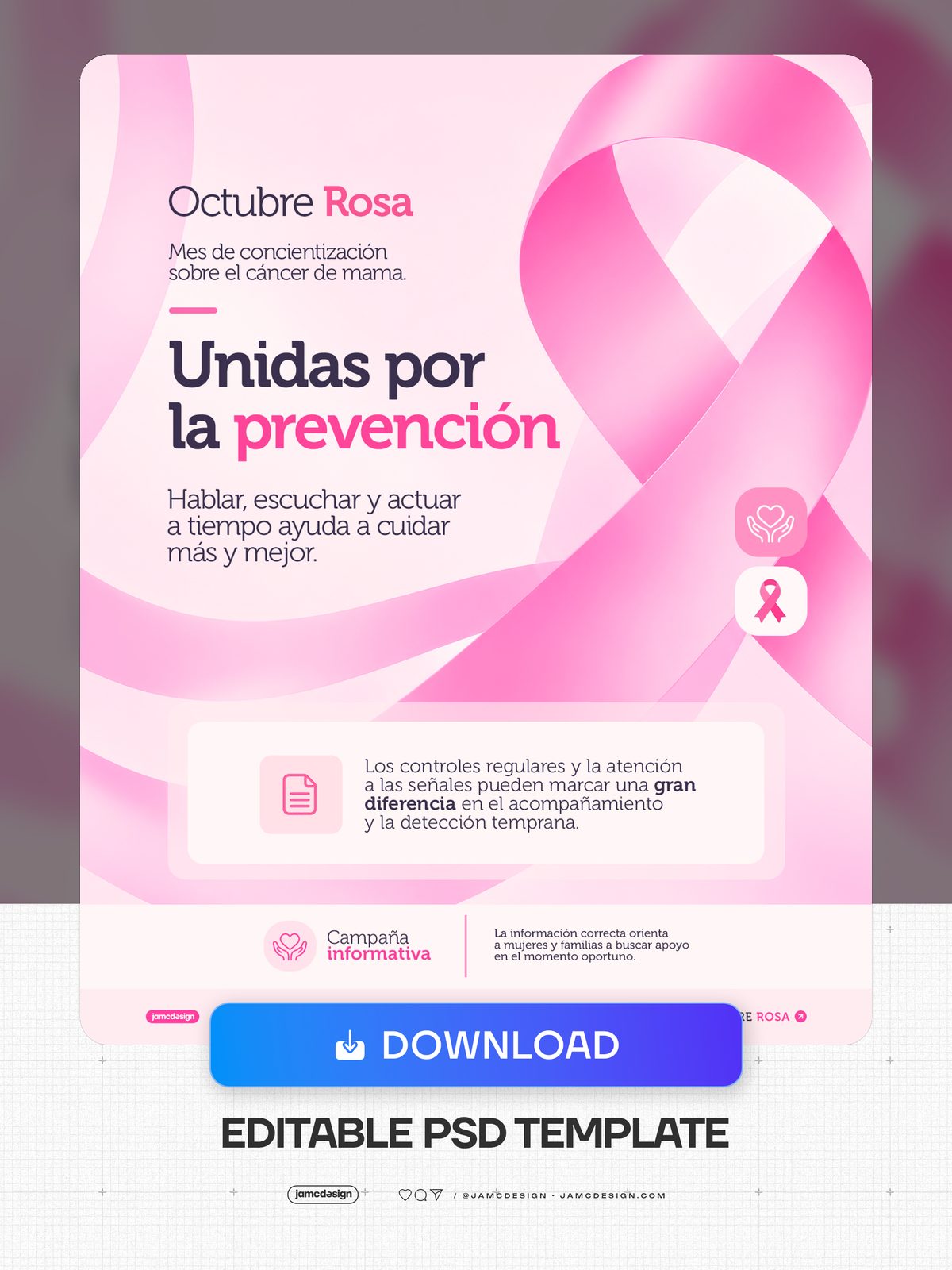 Breast Cancer Prevention Awareness Flyer Template PSD. Download this PSD social media template for breast cancer awareness, with a large pink ribbon — Additional preview