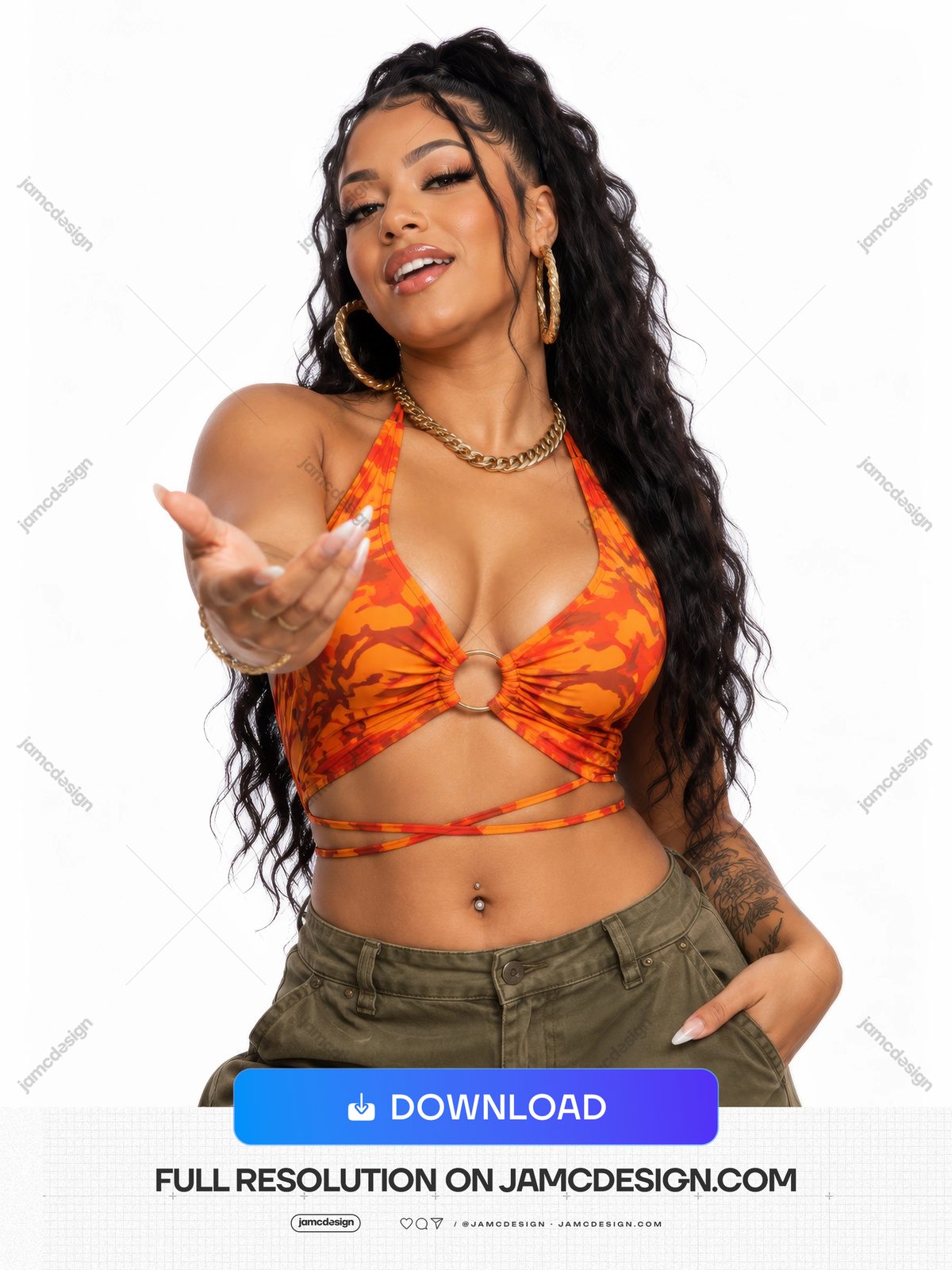 Woman In Orange Halter Top And Cargo Pants Photo PNG. Download this PNG fashion photo of a woman with long dark wavy hair — Additional preview
