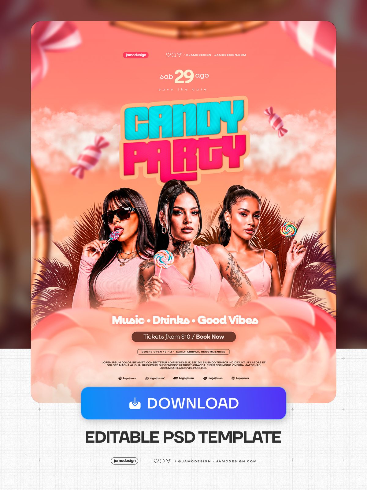 Candy Party Event Flyer Template PSD Editable. Editable PSD template for a candy-themed party event flyer, with three women holding swirled lollipops — Additional preview