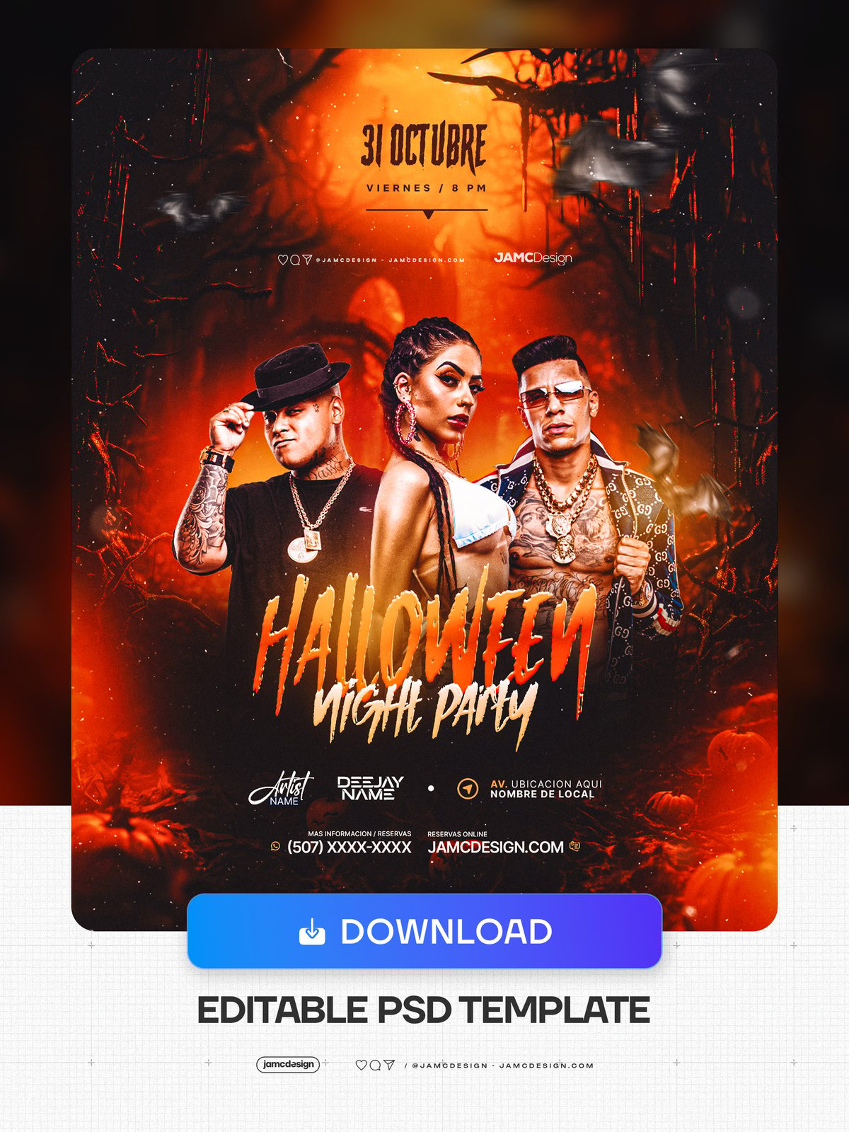 Halloween Night Party Flyer PSD Template. Editable PSD template for a Halloween night party flyer with a fiery orange and dark composition — Additional preview