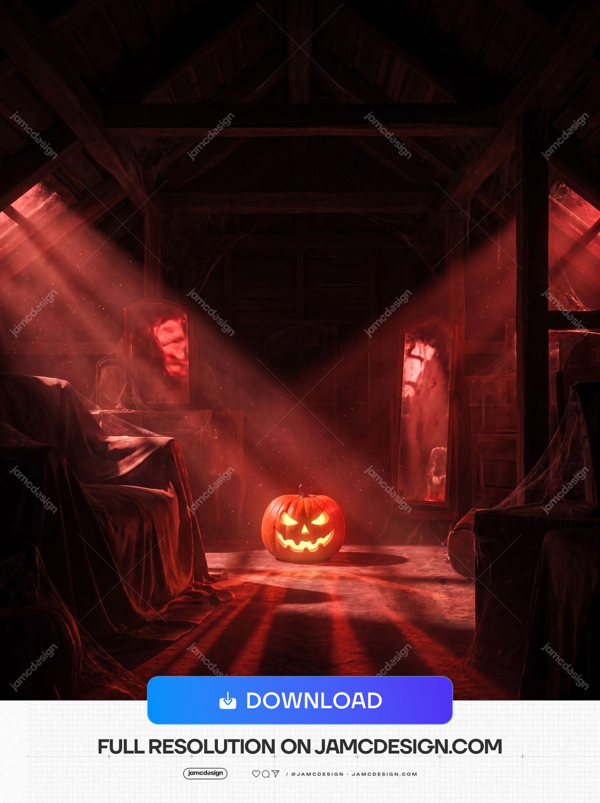 Glowing Jack-O-Lantern In Haunted Attic Red Pumpkin Room Background. JPG background showing a dark haunted attic room with timber beams, draped furniture — Additional preview