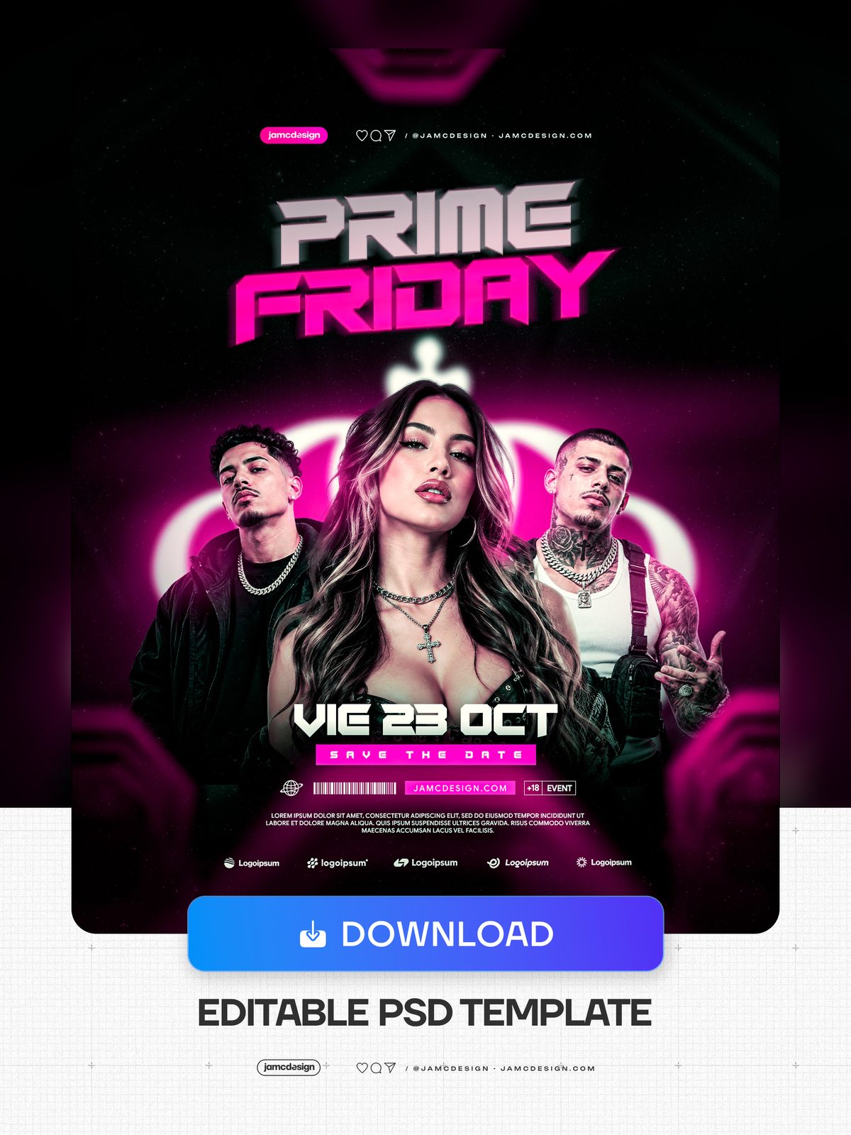 Friday Event Flyer Template With Portraits PSD. This editable PSD event flyer pairs three posed figures with bold angular lettering and a dark background lit — Additional preview